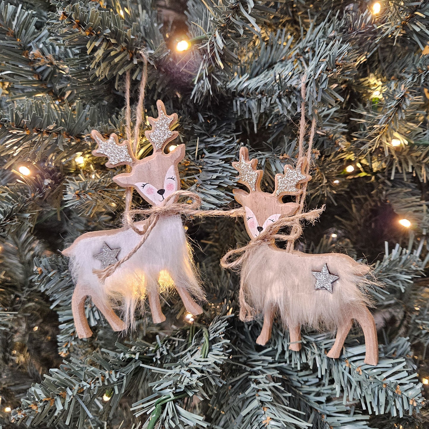 Cheerful Fluffy Reindeer Ornaments - Set of 2