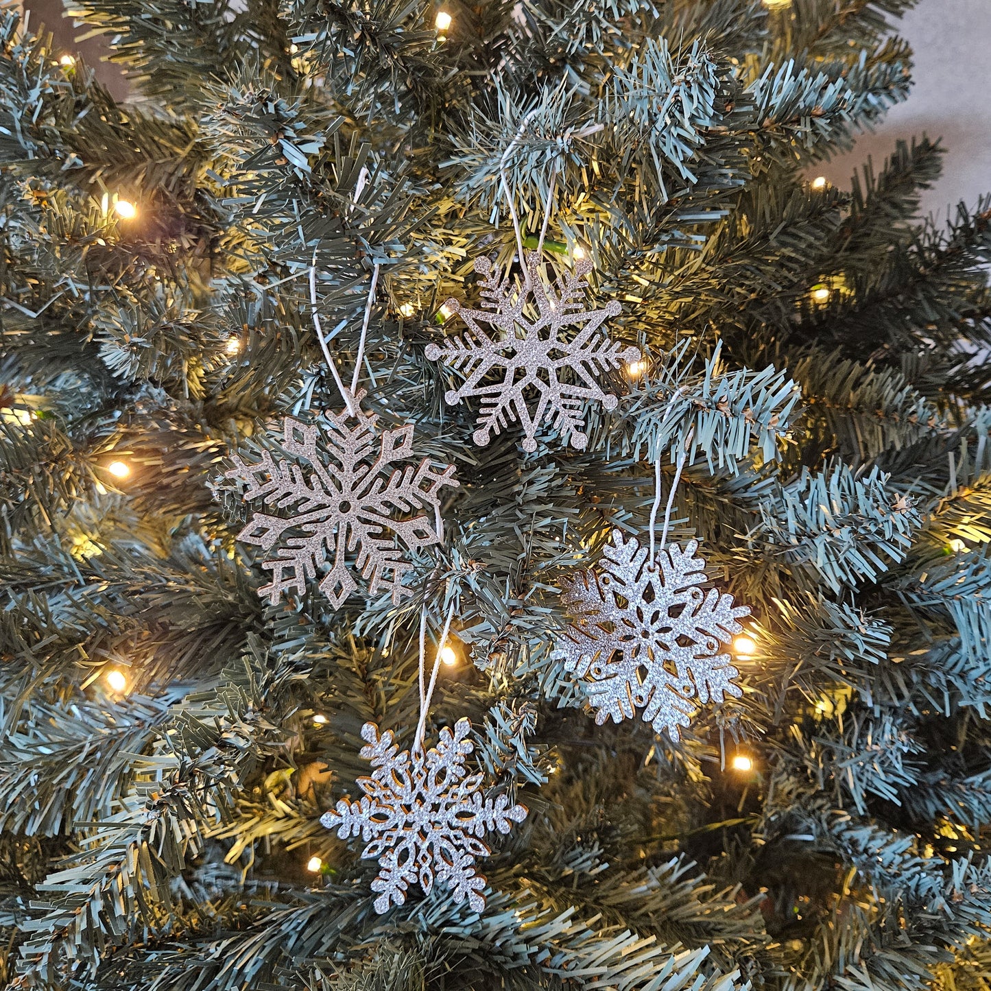 Silver Glitter Snowflake Wood Ornaments - Set of 4