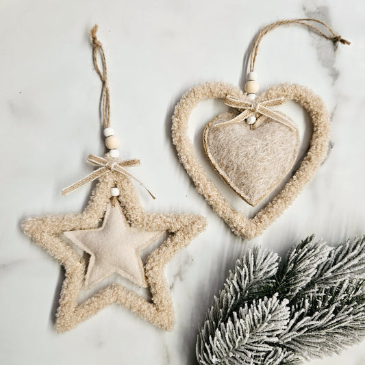 Large (13cm) Boucle Heart and Star Ornament Set