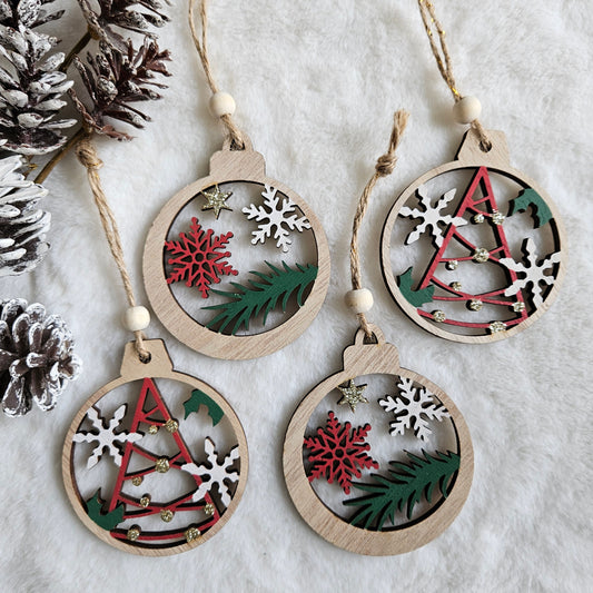 Woodland Tree & Snowflake Bauble Ornaments – Set of 4