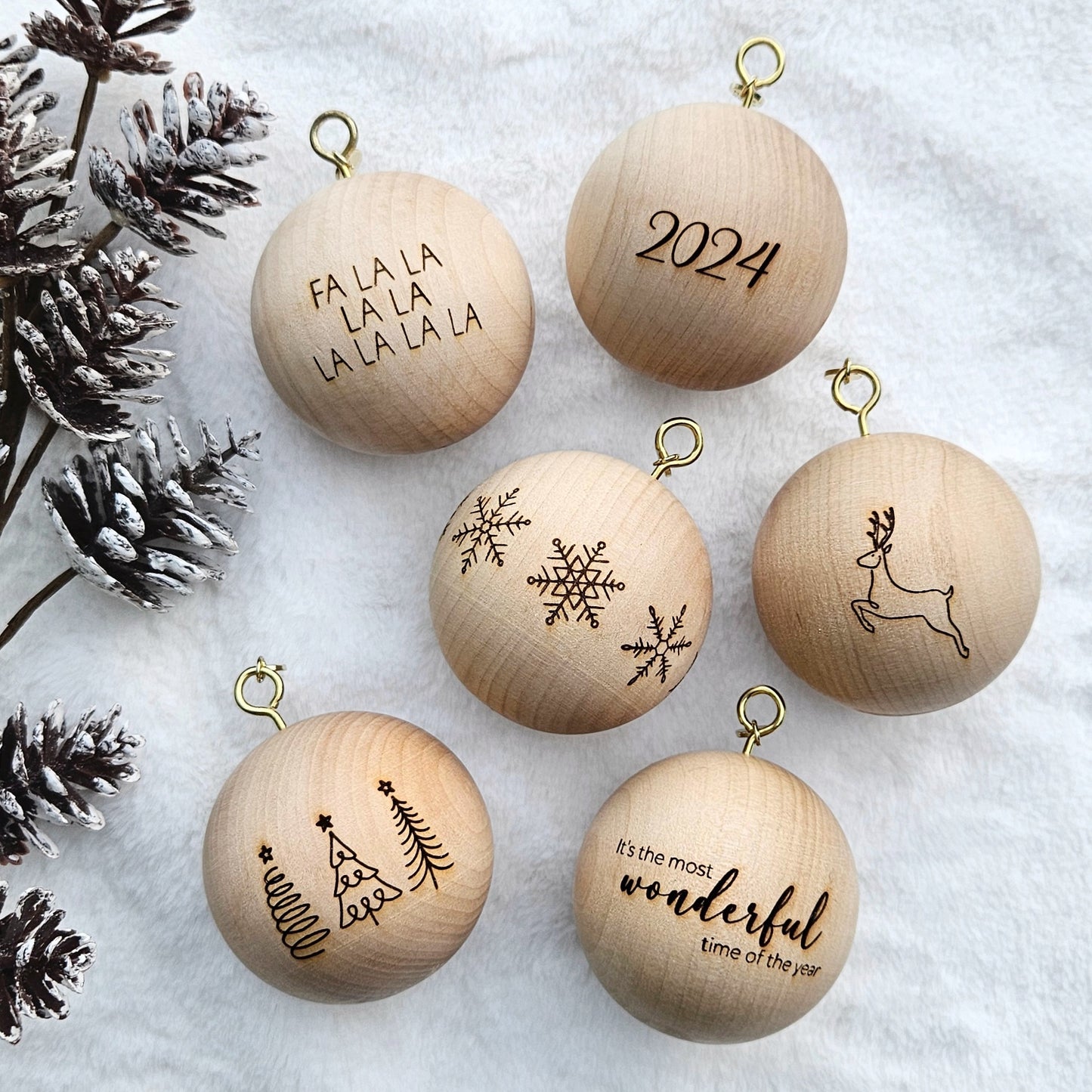 Set of 6 Wooden Handcrafted Baubles (6cm)