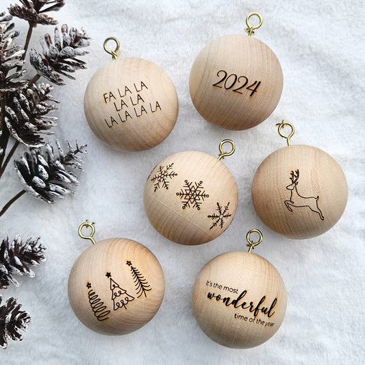 Set of 6 Wooden Handcrafted Baubles (6cm)