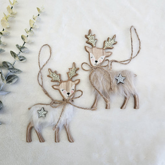 Cheerful Fluffy Reindeer Ornaments - Set of 2