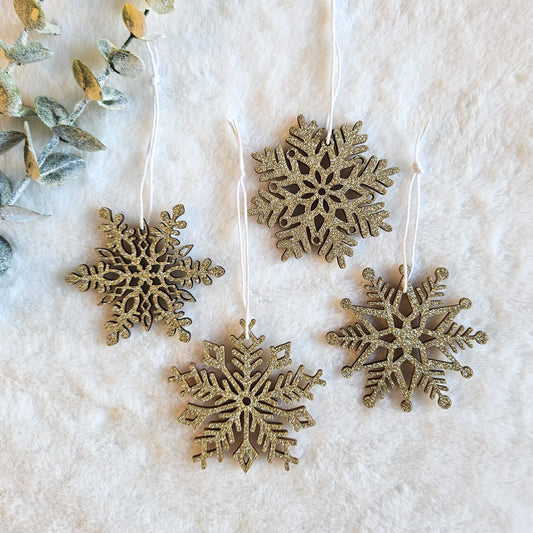 Gold Glitter Snowflake Wood Ornaments - Set of 4