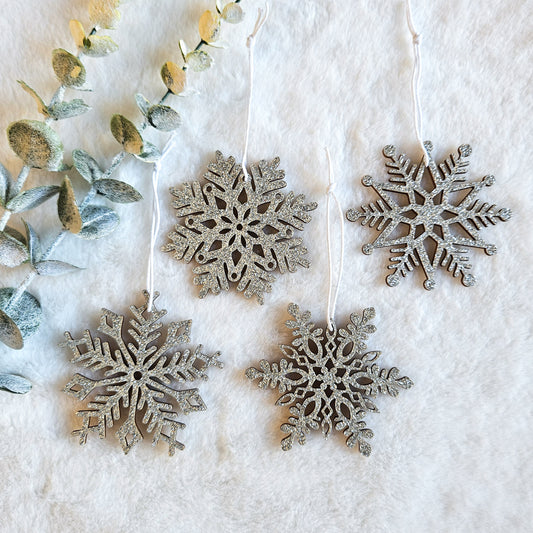 Silver Glitter Snowflake Wood Ornaments - Set of 4