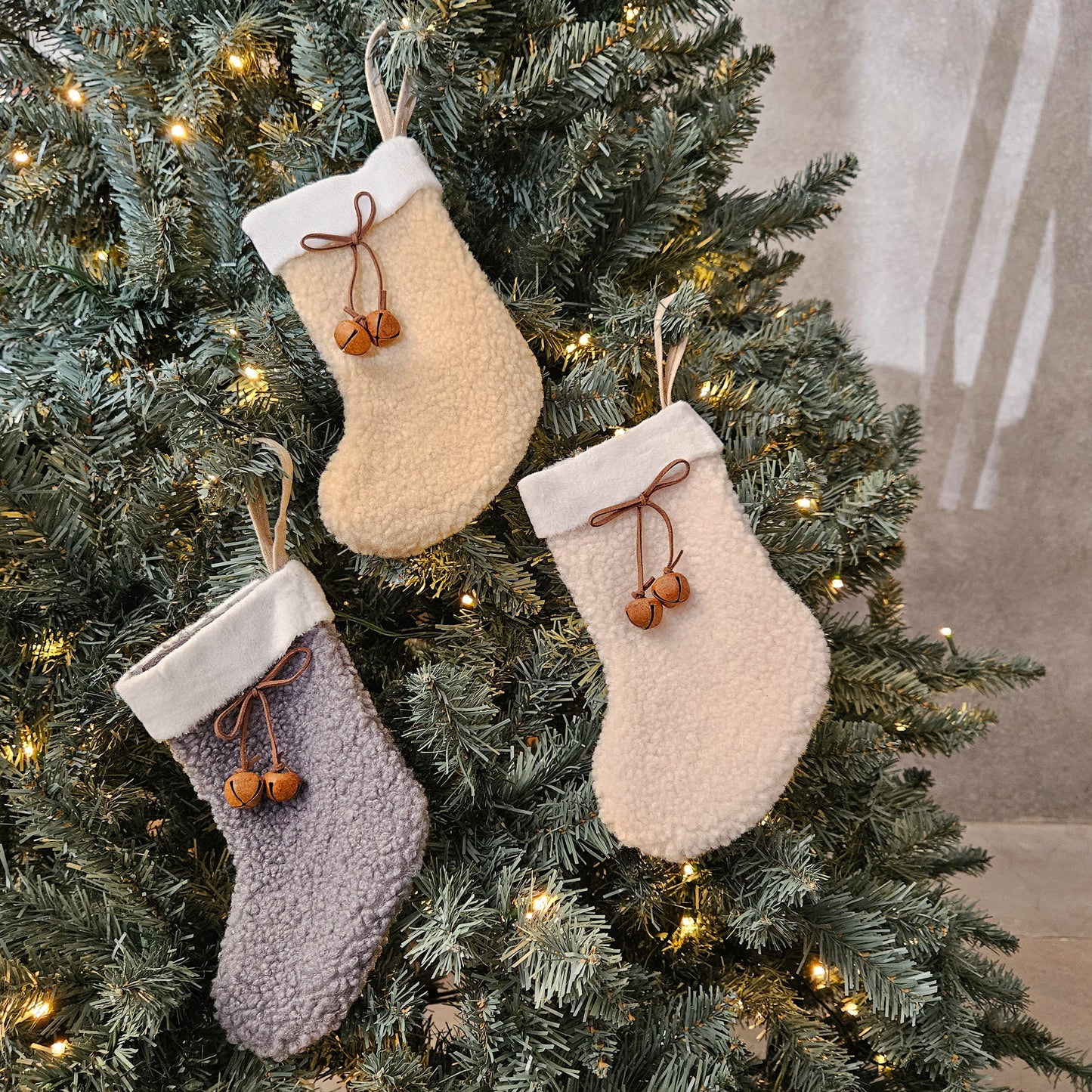 Rustic Christmas Stockings with Bells - Set of 3